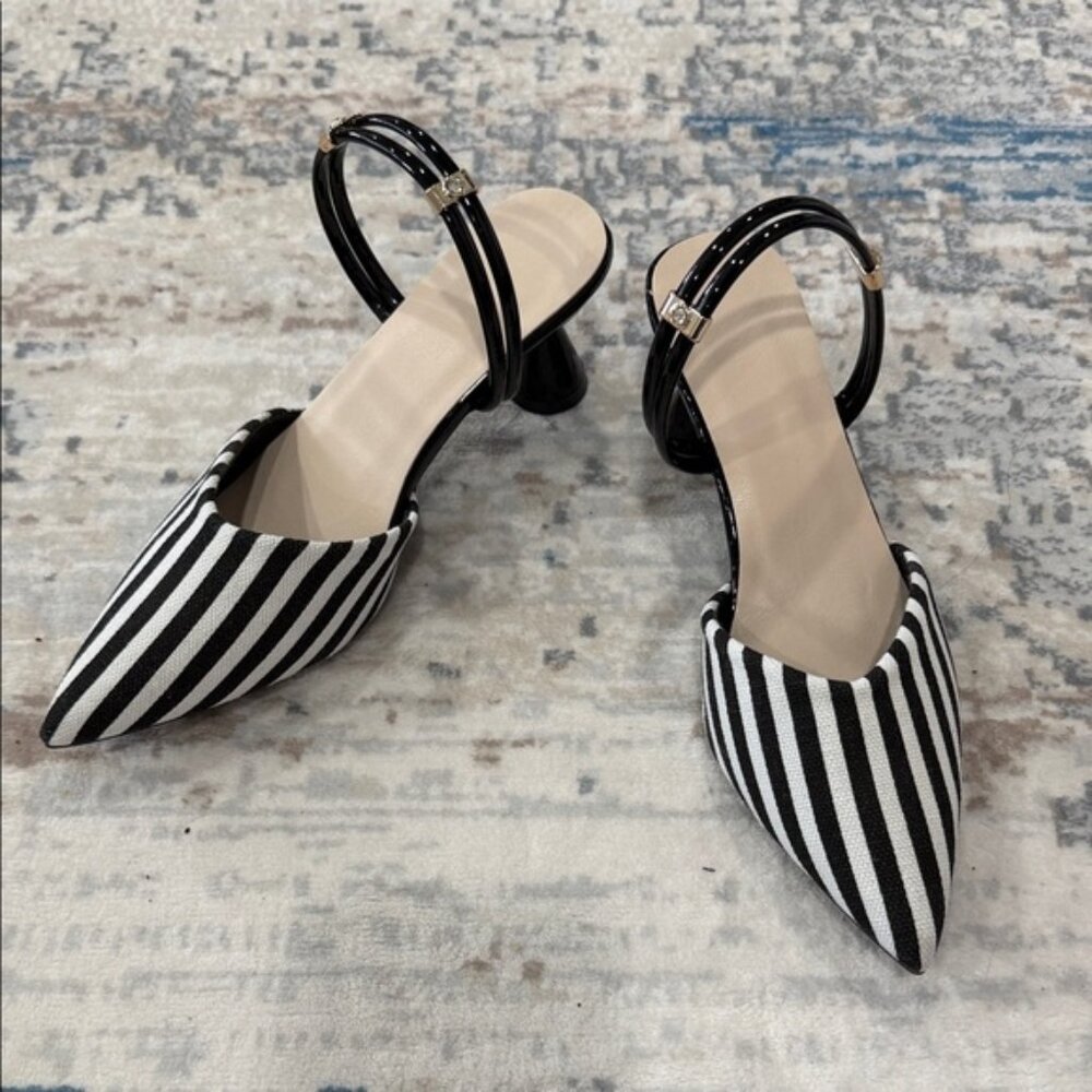 Striped Pointed-Toe Slingback Heels - Black & White